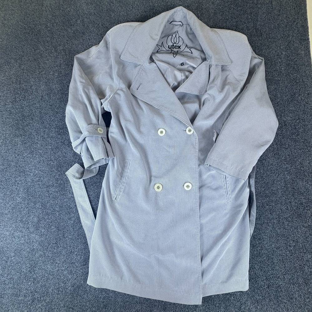 Utex Trench Coat Womens Medium Gray Micro Gingham Double Breasted Belted Waist